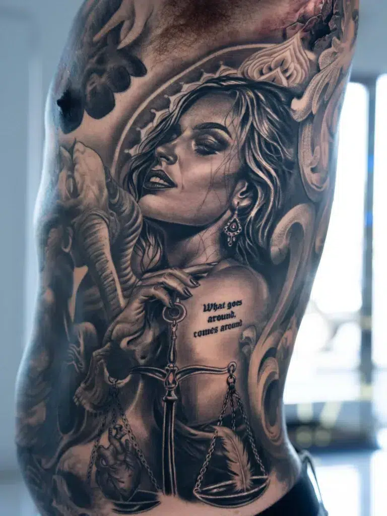 Fully healed black and grey realism tattoo by award-winning OC, Las Vegas, and New York tattoo artist—and founder of Skin Design Tattoos—Robert Pho_